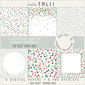 CHRISTMAS Confetti Clipart Overlays- Red and Green Confetti Dots Digital Papers + Transparent PNG Tiny dots big circles frames x Cards Tags