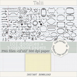 Doodles Clipart COMBO DIGITAL- 101 Marcos y garabatos+ 3 papeles digitales de cuaderno dibujos hecho a mano flechas bordes agenda colegio
