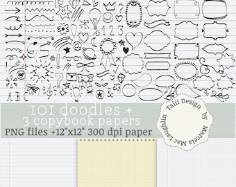 101 DOODLES Clipart + 3 COPYBOOK Digital Papers- Handdrawn Frames and Doodles Bundle Speech Bubbles Arrows Borders Journal+ School graphics