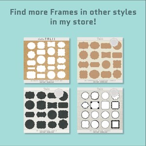 Op de afbeelding: Een afbeelding met vier sets labels en frames in verschillende stijlen. De tekst bovenaan luidt "Find more Frames in other styles in my store!". De labels omvatten witte, golfkarton, schoolbord en handgetekende frames. Elke set is gelabeld met het aantal stukken.
