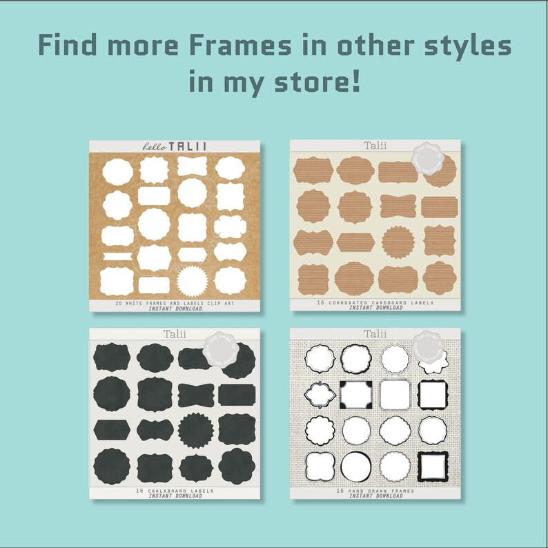 Op de afbeelding: Een afbeelding met vier sets labels en frames in verschillende stijlen. De tekst bovenaan luidt "Find more Frames in other styles in my store!". De labels omvatten witte, golfkarton, schoolbord en handgetekende frames. Elke set is gelabeld met het aantal stukken.