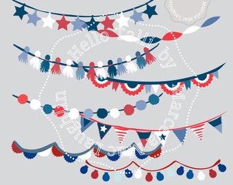 4th of July WATERCOLOR Bunting Flags Clip Art- Bunting Banners and Flags Red blue and white stars tassels light bulbs USA Independence Day