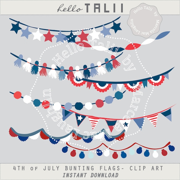 4th of July WATERCOLOR Bunting Flags Clip Art- Bunting Banners and Flags Red blue and white stars tassels light bulbs USA Independence Day