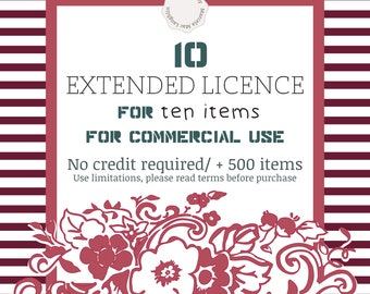 May include: A white and red striped background with a red frame around a white text box. The text box says "10 EXTENDED LICENCE FOR ten items FOR COMMERCIAL USE No credit required/ + 500 items Use limitations, please read terms before purchase". The text box is decorated with a red floral design.