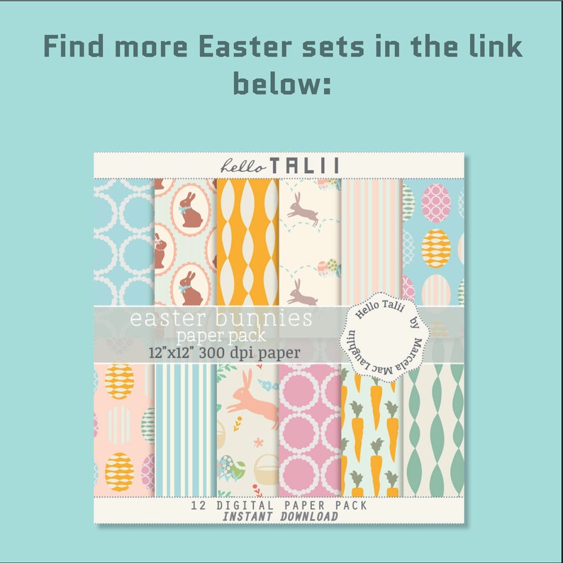 May include: A digital paper pack with 12 different patterns featuring Easter bunnies, eggs, carrots, and other spring-themed designs. The paper pack is 12 inches by 12 inches and 300 dpi. The text "easter bunnies paper pack 12"x12" 300 dpi paper" is included in the image.