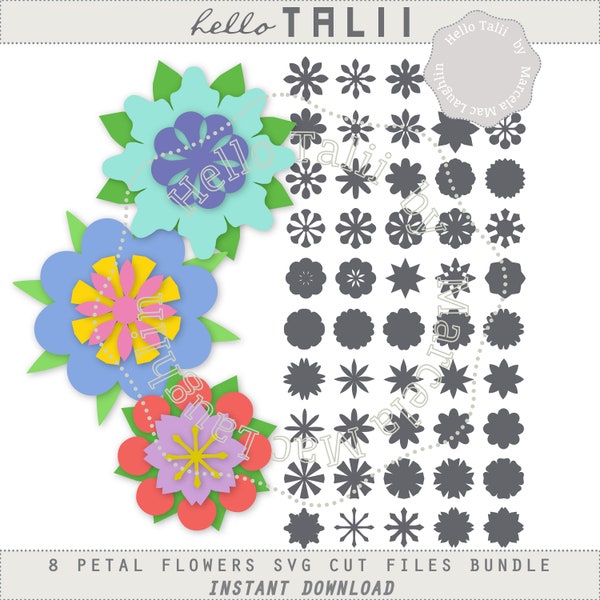 8 PETAL FLOWERS SVG Cut Files- 50 Flower Shapes with 8 petals Spring Decor Floral Cut files Svg + Eps + Dxf + Png for Silhouette Cricut