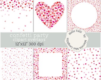 HEARTS Overlays Transparent PNG+ JPG Digital Papers- Red Hearts Clipart Confetti Hearts Borders St Valentine's Day frames Heart Cards