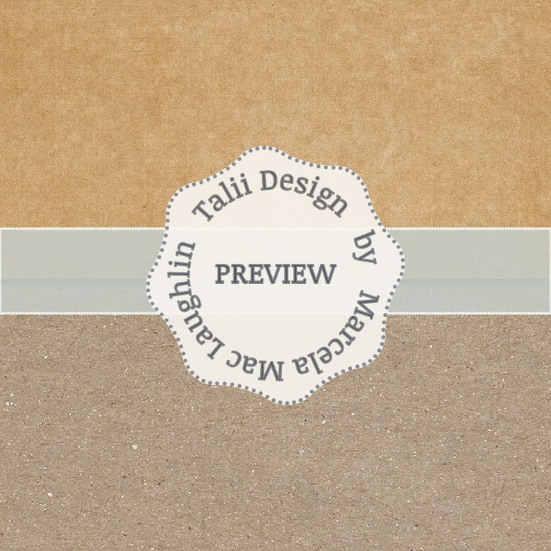 May include: A white circle with a brown cardboard background. The circle has a gray dotted border and the text "Tali Design by Marcela Laughlin" in gray text. The text "PREVIEW" is in the center of the circle.