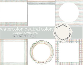 WATERCOLOR NEUTRAL Clipart Overlays- Neutral Colors Stripes and Crosshatch Templates + Digital Paper- Frames and Borders for Instagram cards