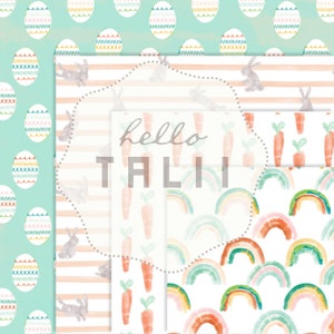 May include: Four digital paper patterns featuring watercolor illustrations of Easter eggs, bunnies, carrots, and rainbows. The text "hello TALII" is in the center of the image.