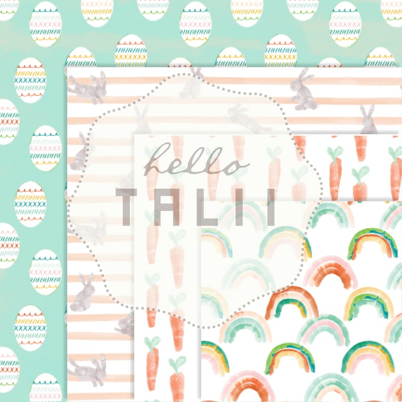 May include: Four digital paper patterns featuring watercolor illustrations of Easter eggs, bunnies, carrots, and rainbows. The text "hello TALII" is in the center of the image.