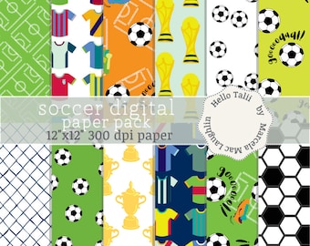 SOCCER Digital Paper- World Cup Soccer Backgrounds Football graphics Sports Balls Trophy Soccer T-shirts Goal Soccer Party Invitations