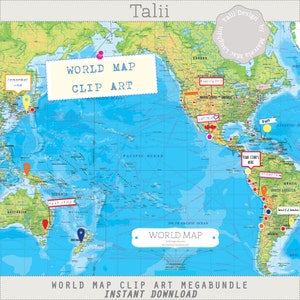 World Map Clip Art Megabundle TRAVEL MAP DIGITAL- 1 editable Map of the World + 98 clip art elements flags signs push pins tourist map