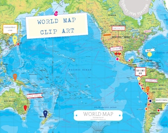 World Map Clip Art Megabundle TRAVEL MAP DIGITAL- 1 editable Map of the World + 98 clip art elements flags signs push pins tourist map