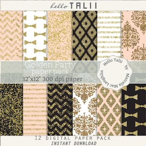 Pink black and gold Digital Paper GOLDEN PARTY Paper- New Year&#39;s Eve Party backgrounds New Year&#39;s Party Paper Damask Bow ties Glitter ikat