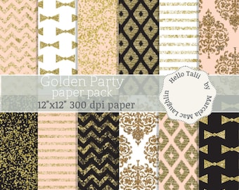 Pink black and gold Digital Paper GOLDEN PARTY Paper- New Year's Eve Party backgrounds New Year's Party Paper Damask Bow ties Glitter ikat