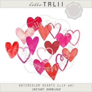 WATERCOLOR HEARTS Clipart- Red and pink Handpainted Hearts and Doodles in Watercolor for Valentines Day Weddings Baby Showers Decor Cards