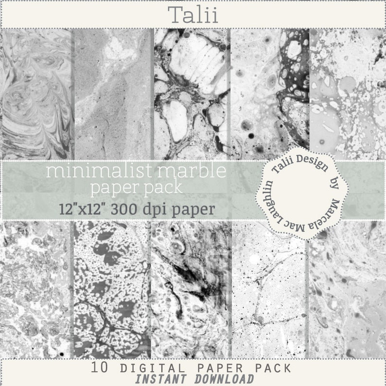 Pu&ograve; includere: Un pacchetto di carta digitale con dieci diversi design minimalisti in marmo nei toni del grigio e del nero. Il pacchetto include carta da 30,48 cm x 30,48 cm a 300 dpi. Il testo "Talii" e "minimalist marble paper pack" sono visibili.