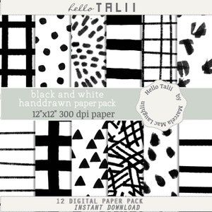 Könnte beinhalten: Ein Set mit 12 digitalen Papiermustern in Schwarzweiß. Die Muster umfassen Streifen, Punkte, geometrische Formen und abstrakte Designs. Die Papiere sind 30,5 cm x 30,5 cm groß und haben eine Auflösung von 300 dpi.