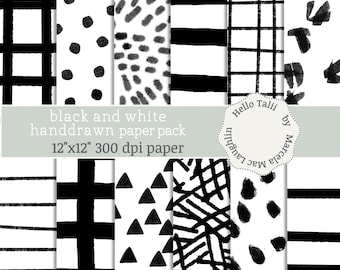 BLACK and WHITE Hand drawn Digital Paper- Black and White Doodles Backgrounds Brushstrokes Stripes Dots Spots Crosshatch Triangles for cards