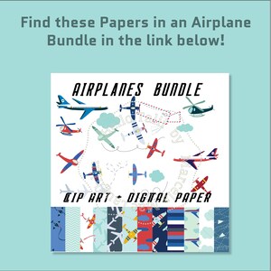 Puede incluir: Un paquete de papel digital con im&aacute;genes recortables de aviones. El paquete incluye 10 patrones diferentes con aviones, nubes y rayas en azul, rojo y blanco.