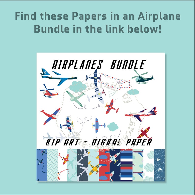 Puede incluir: Un paquete de papel digital con im&aacute;genes recortables de aviones. El paquete incluye 10 patrones diferentes con aviones, nubes y rayas en azul, rojo y blanco.