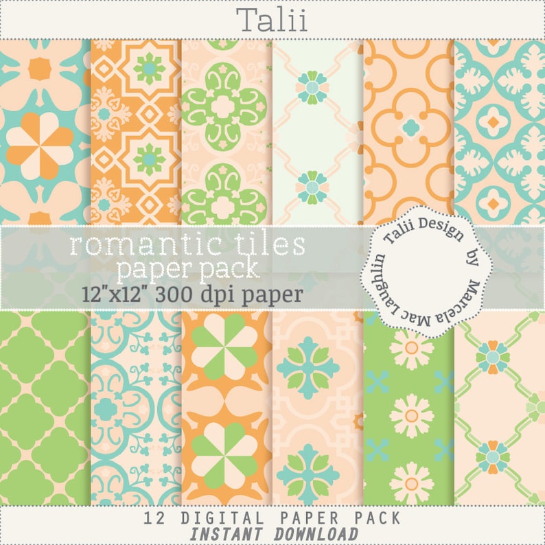 Vintage moroccan tiles Floral backgrounds Pastel colors peach teal pink white for Weddings birthdays baby showers MOSAICS Digital Paper