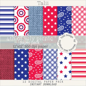 Dia de la Independencia Papel Digital. PICNIC del 4 de Julio estrellas rayas rojo azul blanco banderas bandana mantel de picnic