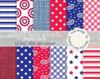 Fourth of July PICNIC Digital Paper- 4th of July Independence Day stars and stripes red white blue flags gingham bandana Summer paper