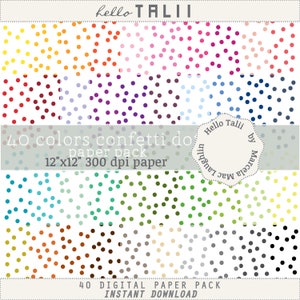 Könnte beinhalten: Ein digitales Papierpaket mit 40 Farben von Konfetti-Punkten. Das Design umfasst eine Vielzahl von Farben, darunter Rot, Orange, Gelb, Grün, Blau und Lila. Das Papierpaket ist 30,48 cm x 30,48 cm und 300 dpi. Der Text "hello TALII" steht oben.