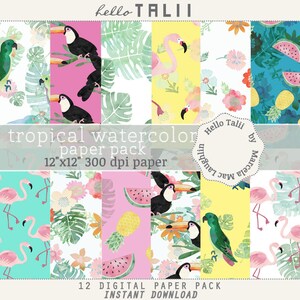 Könnte beinhalten: Ein digitales Papierpaket mit 12 tropischen Aquarelldesigns. Die Designs zeigen rosa Flamingos, Tukanen, Ananas, Wassermelonen und tropische Blätter. Das Papierpaket ist 30,48 cm x 30,48 cm groß und hat eine Auflösung von 300 dpi.