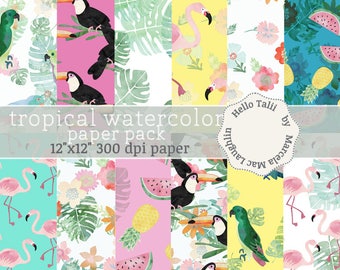 TROPICAL WATERCOLOR Digital Paper- Summer Tropical Jungle Patterns Flowers Palm Leaves Flamingo Toucan Parrots Pineapple Watermelon Floral