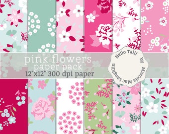 PINK FLOWERS Digital Paper. Acqua White and Pink Floral Patterns Spring Flowers Paper Jasmines and Roses Backgrounds for Wedding Valentines