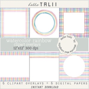 WATERCOLOR RAINBOW Clipart Overlays + Digital Paper- Painted Rainbow Stripes and Crosshatch Frames and Borders Templates for Instagram cards