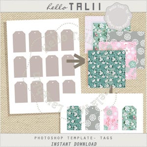 Puede incluir: Un diseño digital con etiquetas en blanco de color marrón claro y papeles con estampados florales en verde, rosa y gris. El diseño incluye el texto "Hello Talii" y "Photoshop Template - Tags". El diseño es suave y femenino.
