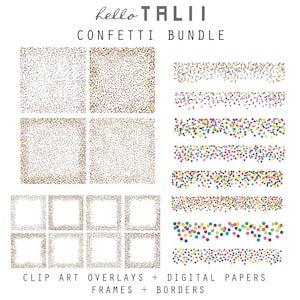 Puede incluir: Un paquete digital de confeti con varios diseños. La imagen presenta patrones de confeti, bordes y marcos cuadrados en una mezcla de colores como amarillo, azul, verde y rosa. El texto en la parte superior dice "hello TALII" y "CONFETTI BUNDLE". Debajo, el texto dice "CLIP ART OVERLAYS + DIGITAL PAPERS FRAMES + BORDERS".