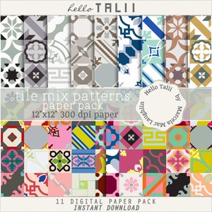 Puede incluir: Una colección de 11 paquetes de papel digital con patrones de mezcla de azulejos. Los diseños incluyen varias formas geométricas y colores, con un tamaño de 30,48 cm x 30,48 cm y una resolución de 300 ppp. El texto "hello TALII" y "DESCARGA INSTANTÁNEA" también son visibles.