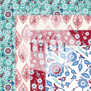 May include: Four different seamless patterns featuring floral designs in shades of blue, red, pink, and white. The patterns are arranged in a grid with a white background.