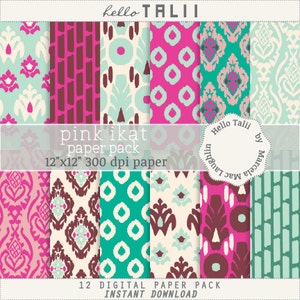 Pink Ikat Digital Paper PINK and TEAL IKAT patterns- Ikat backgrounds damask arabesques flourishes pink teal party wedding invites cards