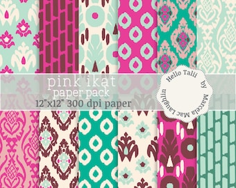 Pink Ikat Digital Paper PINK and TEAL IKAT patterns- Ikat backgrounds damask arabesques flourishes pink teal party wedding invites cards