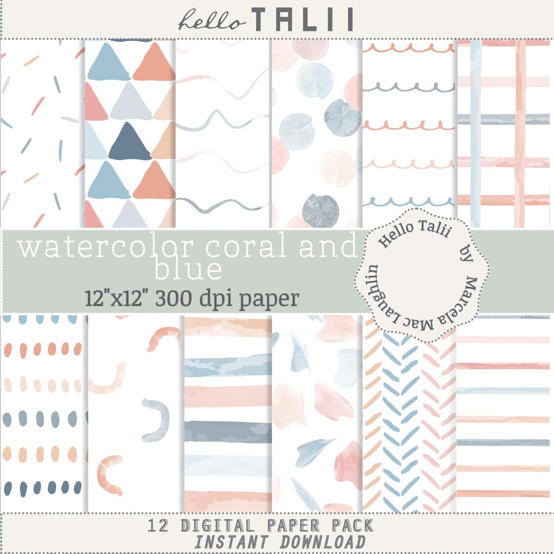 WATERCOLOR CORAL and BLUE Digital Paper- Stripes Dots Sprinkles Chevron ...