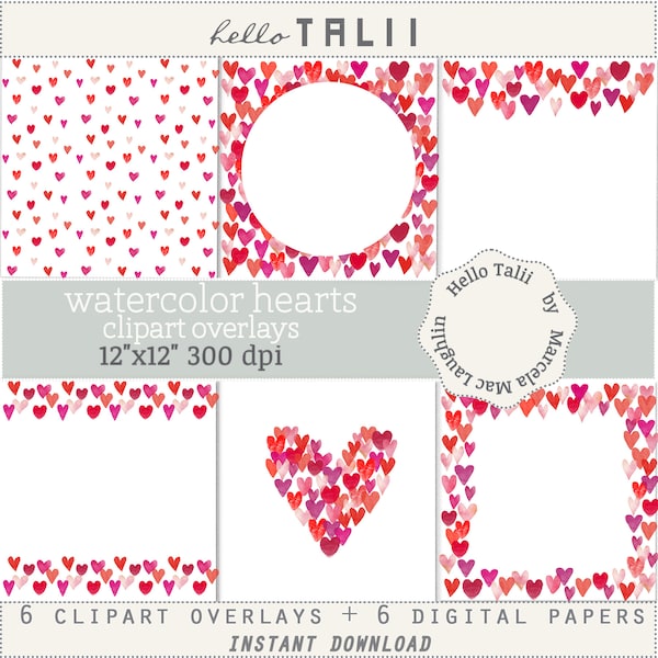 WATERCOLOR HEARTS Clipart Overlays + Digital Papers- Valentine's Day Hearts handpainted in Watercolor Hearts Frames Borders in red and pink