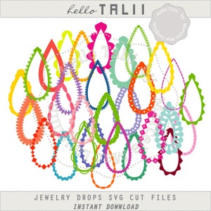 May include: A selection of vibrant, teardrop-shaped jewellery designs in shades of pink, green, yellow, and orange. The image features the text "hello TALII" and "JEWELRY DROPS SVG CUT FILES".