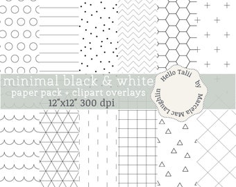 Black and White MINIMAL Digital Paper + Clipart Overlays- Minimalist Templates Transparent PNG + White and thin black line JPG Backgrounds
