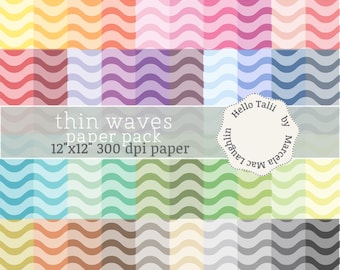 THIN WAVES PASTEL Digital Paper- Multicolor Ondulated Stripes on Pastel Backgrounds Scalloped Wavy Lines for Nautical Invites Scrapbooking