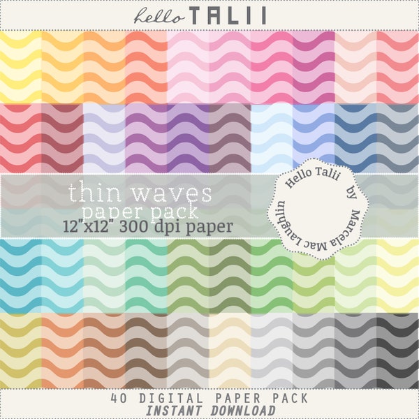 THIN WAVES PASTEL Digital Paper- Multicolor Ondulated Stripes on Pastel Backgrounds Scalloped Wavy Lines for Nautical Invites Scrapbooking