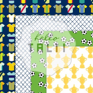 Pode incluir: Uma colagem digital com uma variedade de padr&otilde;es de tem&aacute;tica futebol&iacute;stica. Os padr&otilde;es incluem camisas de futebol, bolas de futebol e trof&eacute;us. O texto "hello tali" aparece no centro da colagem.
