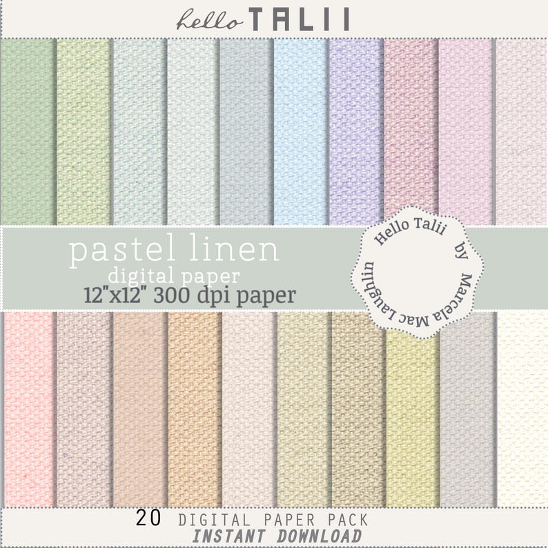 May include: A digital paper pack featuring 20 pastel linen textures in a range of pink, blue, green and beige shades. Each texture is 12 inches by 12 inches and 300 dpi. The pack is titled "pastel linen digital paper" and is available for instant download.