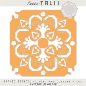 May include: An orange Gothic stencil design with a floral pattern, cut from a square shape. The design includes the text "hello TALII" and "GOTHIC STENCIL CLIPART AND CUTTING FILES INSTANT DOWNLOAD". The stencil is on a white background.