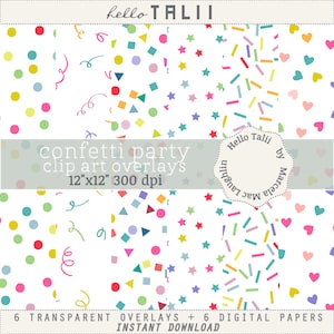 Rainbow Pastel Confetti OVERLAYS+ Digital Papers- Assorted Confetti Clipart in Pastel colors Png + Jpg Sprinkles Hearts Stars Dots Swirls